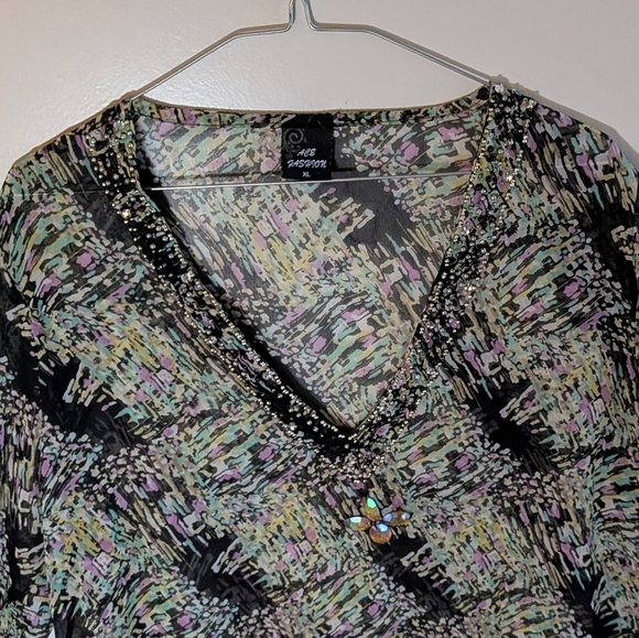 Ace Fashion Sheer V-Neck Tunic Blouse Abstract Flowy  Beaded Crystals Bohemian - Picture 12 of 16